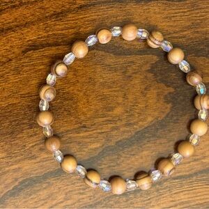 Natural Brown Wood Bead Bracelet with Clear Crystal Accents